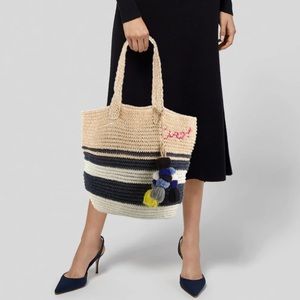 Sundry Straw Tote, Dual Handle Natural, Blue & White Striped Straw Woven bag. OS